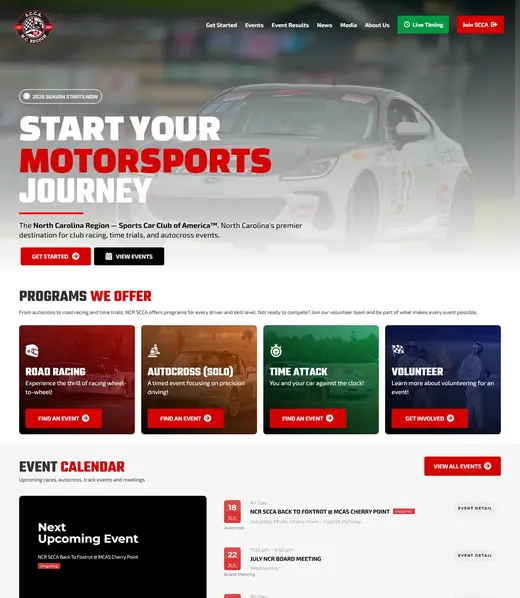 NCR SCCA redesigned website homepage on desktop