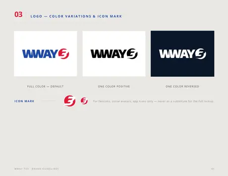 WWAY TV3 logo color variations guidelines page