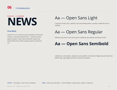 WWAY TV3 brand typography guidelines page